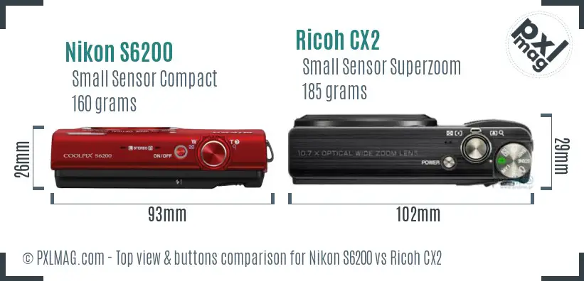 Nikon S6200 vs Ricoh CX2 top view buttons comparison