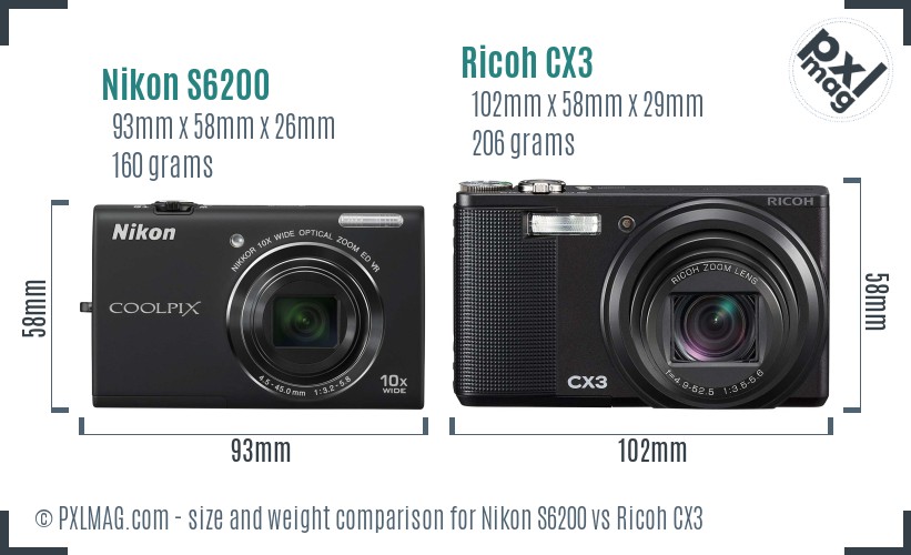 Nikon S6200 vs Ricoh CX3 size comparison
