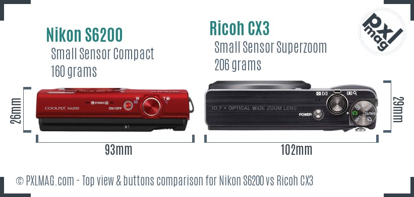 Nikon S6200 vs Ricoh CX3 top view buttons comparison