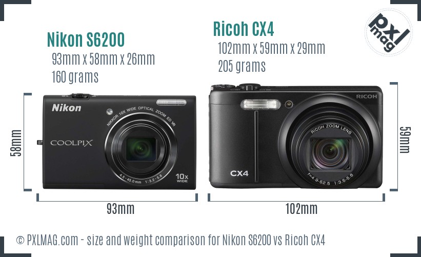 Nikon S6200 vs Ricoh CX4 size comparison