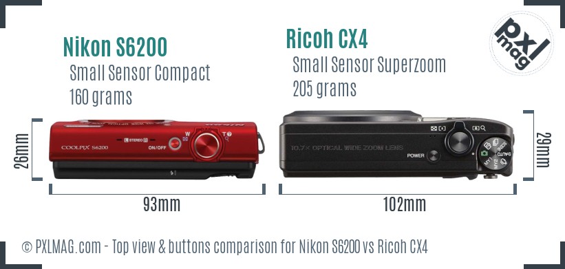 Nikon S6200 vs Ricoh CX4 top view buttons comparison