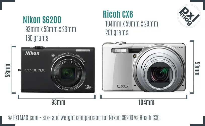 Nikon S6200 vs Ricoh CX6 size comparison