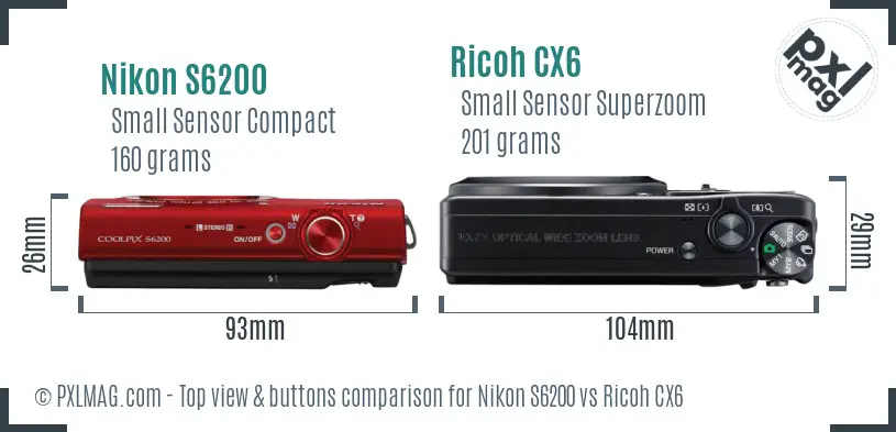 Nikon S6200 vs Ricoh CX6 top view buttons comparison