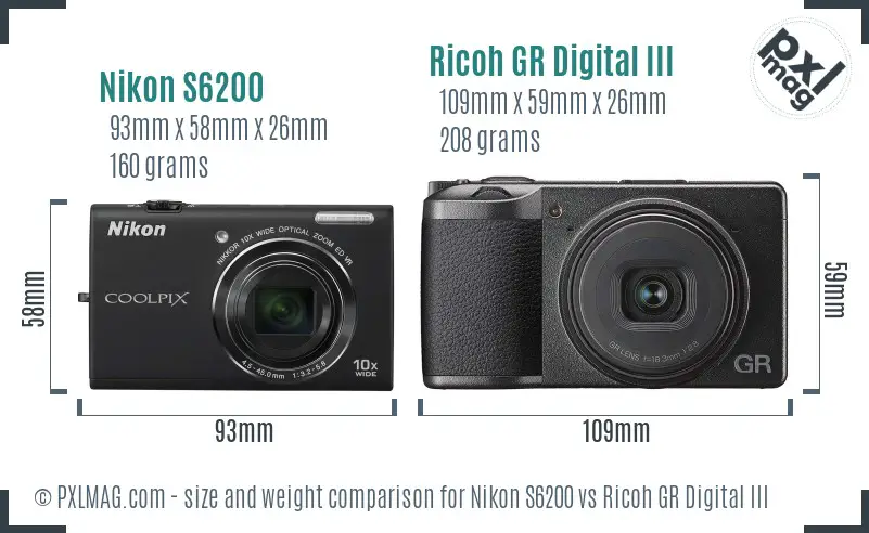 Nikon S6200 vs Ricoh GR Digital III size comparison