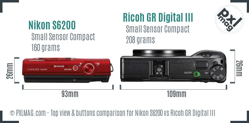 Nikon S6200 vs Ricoh GR Digital III top view buttons comparison