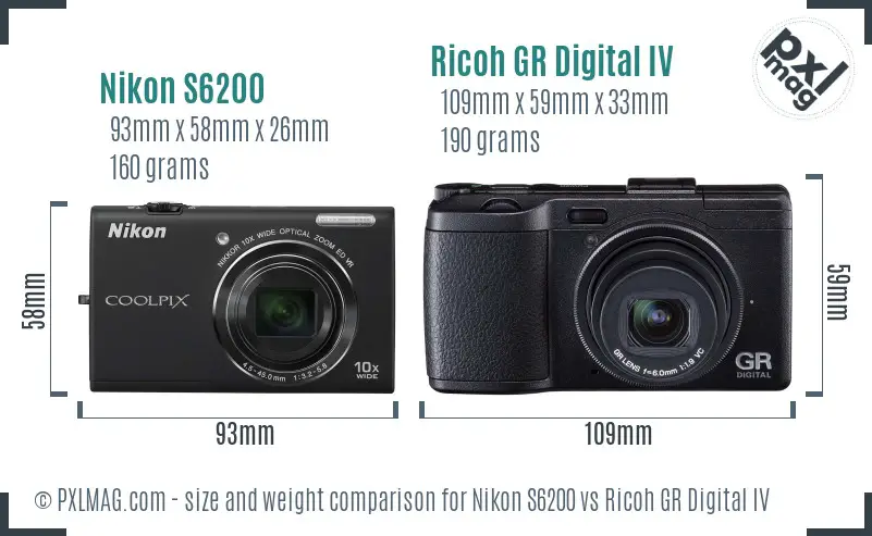 Nikon S6200 vs Ricoh GR Digital IV size comparison