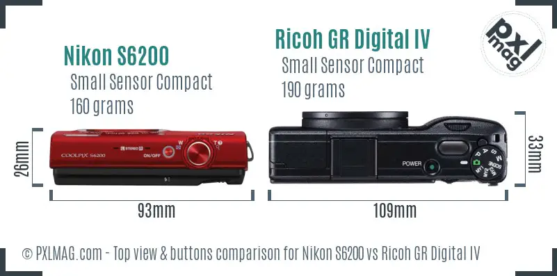 Nikon S6200 vs Ricoh GR Digital IV top view buttons comparison