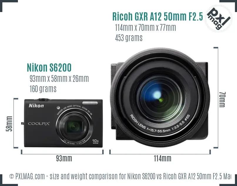 Nikon S6200 vs Ricoh GXR A12 50mm F2.5 Macro size comparison