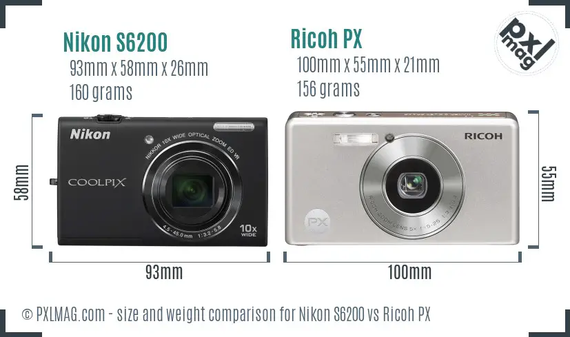 Nikon S6200 vs Ricoh PX size comparison