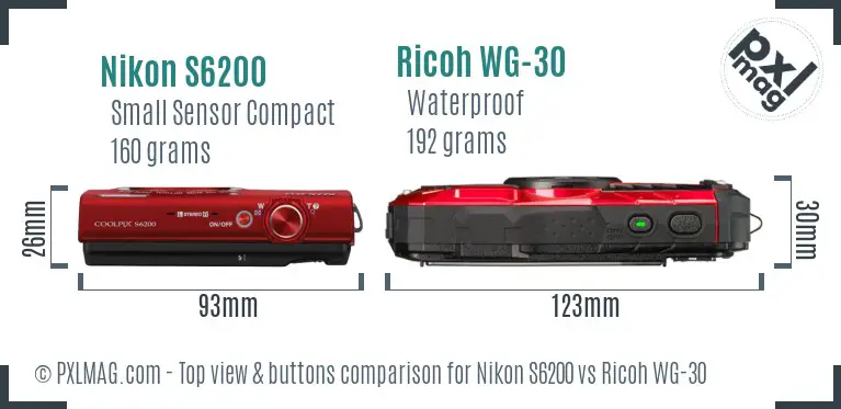 Nikon S6200 vs Ricoh WG-30 top view buttons comparison Nikon S6200 vs Ricoh WG-30 top view buttons comparison