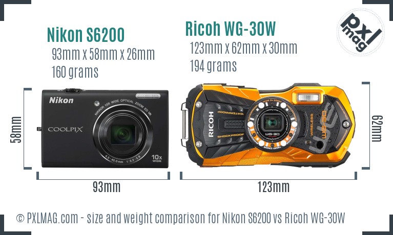 Nikon S6200 vs Ricoh WG-30W size comparison