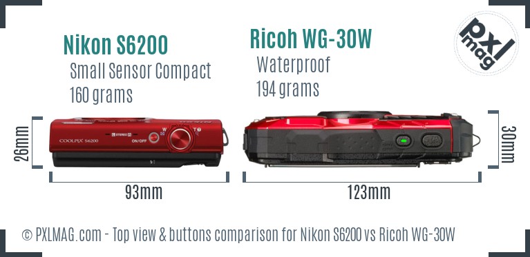 Nikon S6200 vs Ricoh WG-30W top view buttons comparison