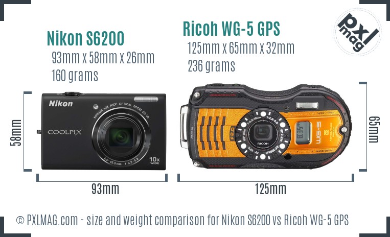 Nikon S6200 vs Ricoh WG-5 GPS size comparison