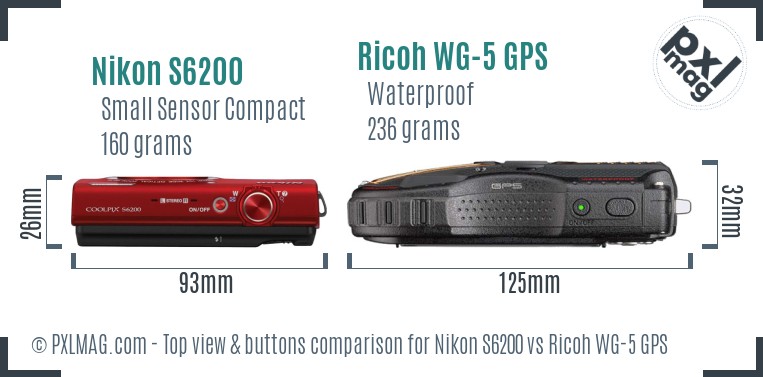 Nikon S6200 vs Ricoh WG-5 GPS top view buttons comparison