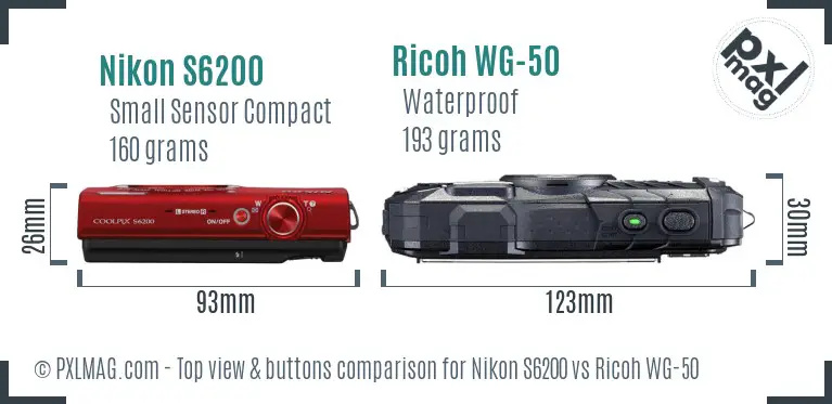 Nikon S6200 vs Ricoh WG-50 top view buttons comparison