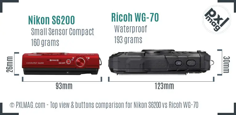 Nikon S6200 vs Ricoh WG-70 top view buttons comparison