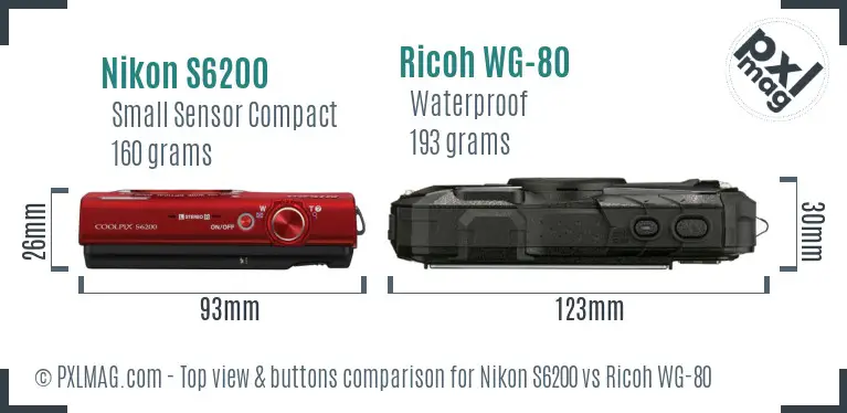 Nikon S6200 vs Ricoh WG-80 top view buttons comparison Nikon S6200 vs Ricoh WG-80 top view buttons comparison