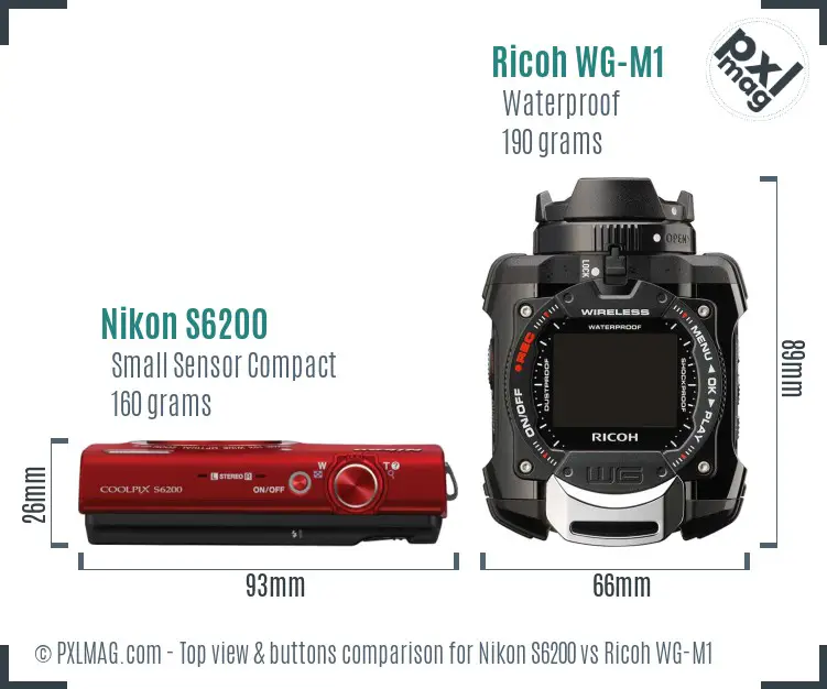 Nikon S6200 vs Ricoh WG-M1 top view buttons comparison