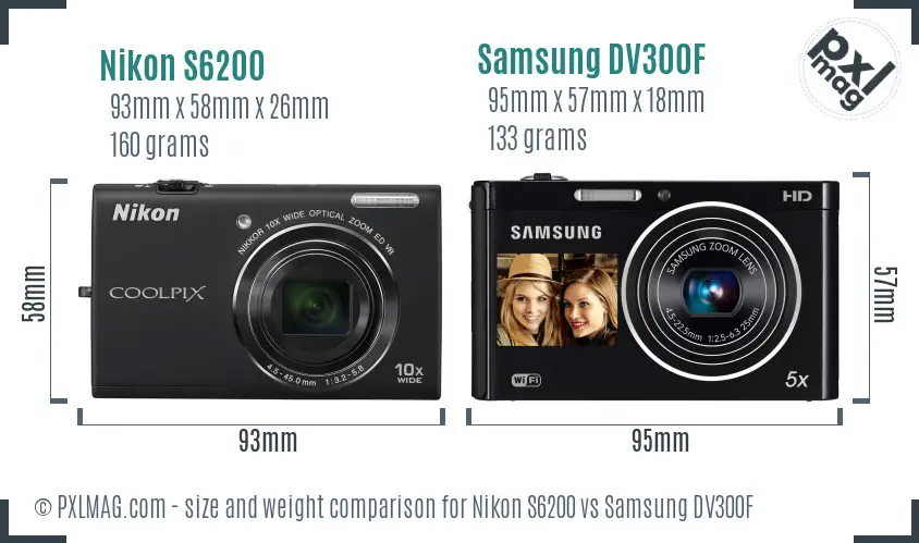 Nikon S6200 vs Samsung DV300F size comparison