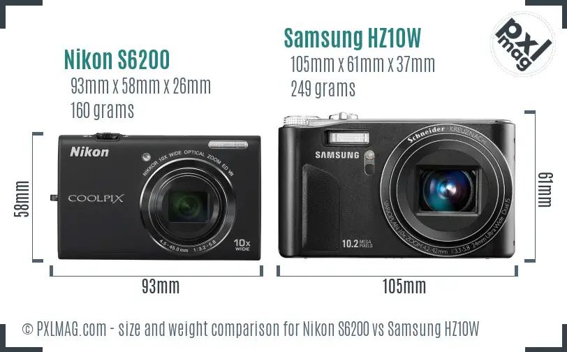 Nikon S6200 vs Samsung HZ10W size comparison