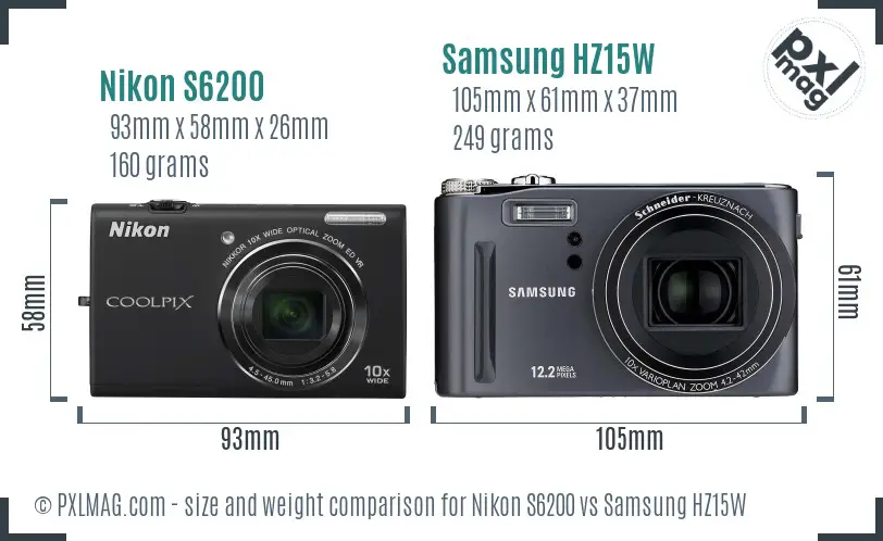 Nikon S6200 vs Samsung HZ15W size comparison