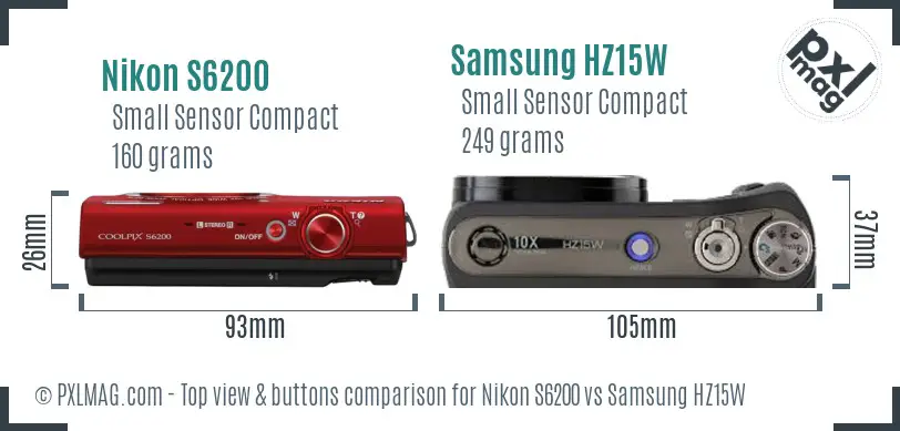 Nikon S6200 vs Samsung HZ15W top view buttons comparison