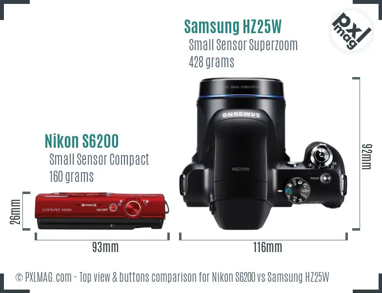 Nikon S6200 vs Samsung HZ25W top view buttons comparison