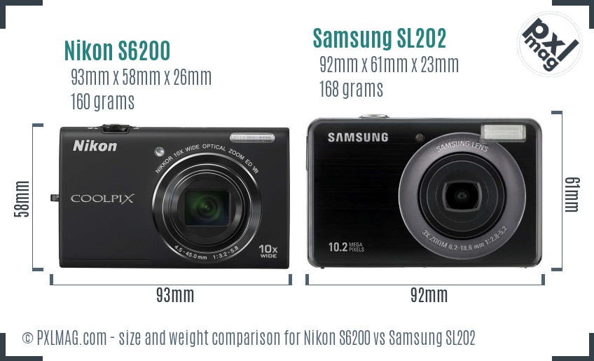 Nikon S6200 vs Samsung SL202 size comparison