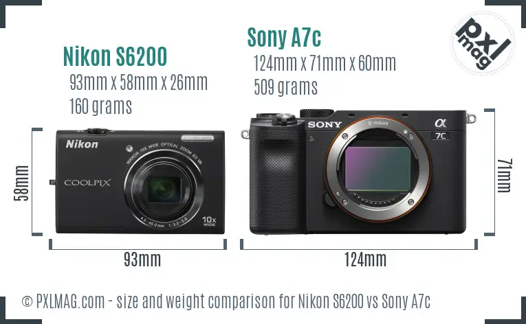 Nikon S6200 vs Sony A7c size comparison