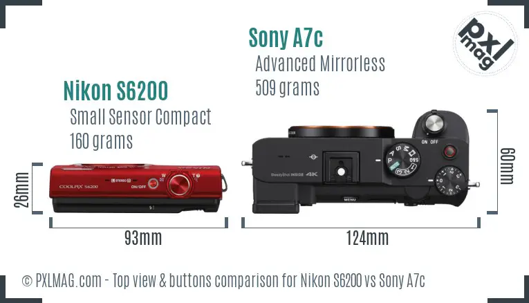 Nikon S6200 vs Sony A7c top view buttons comparison