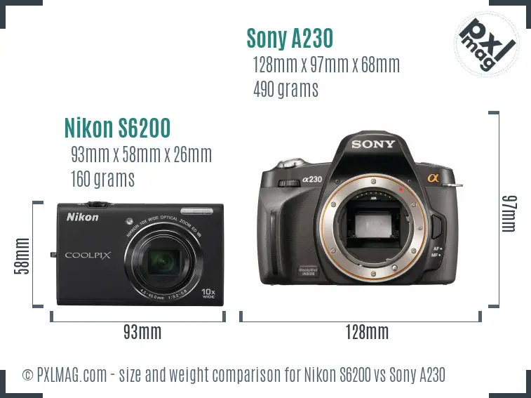Nikon S6200 vs Sony A230 size comparison