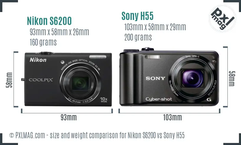 Nikon S6200 vs Sony H55 size comparison