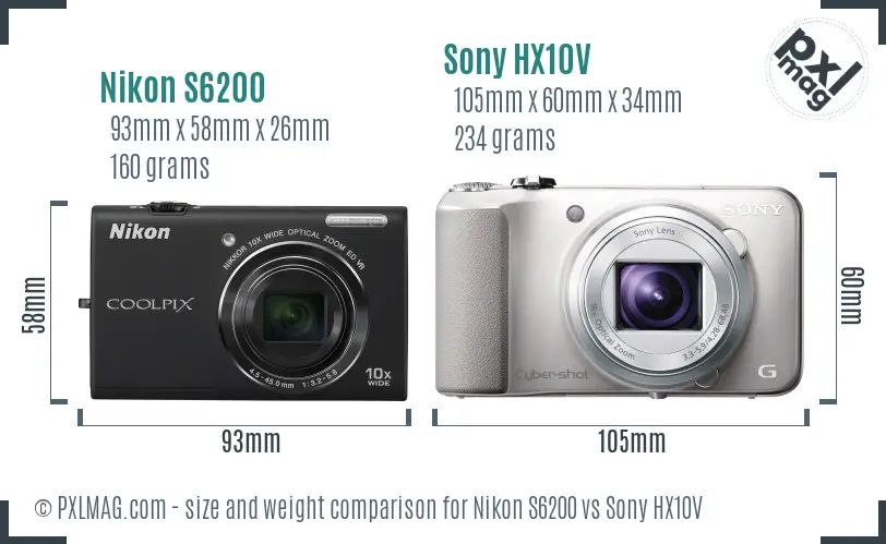 Nikon S6200 vs Sony HX10V size comparison