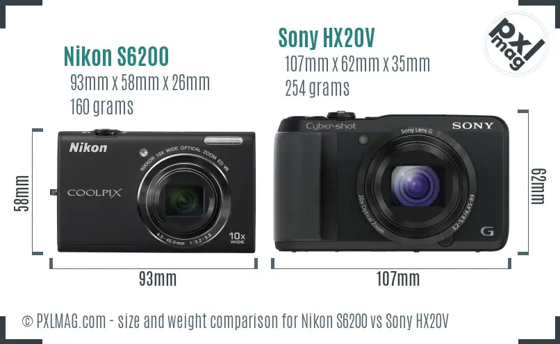Nikon S6200 vs Sony HX20V size comparison