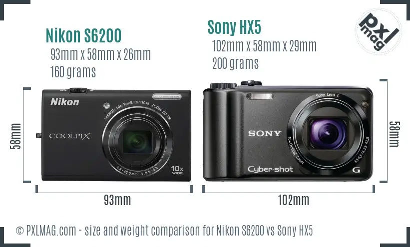 Nikon S6200 vs Sony HX5 size comparison