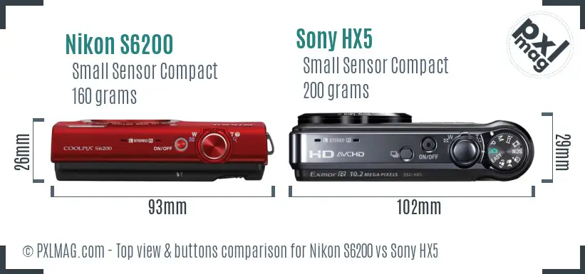 Nikon S6200 vs Sony HX5 top view buttons comparison
