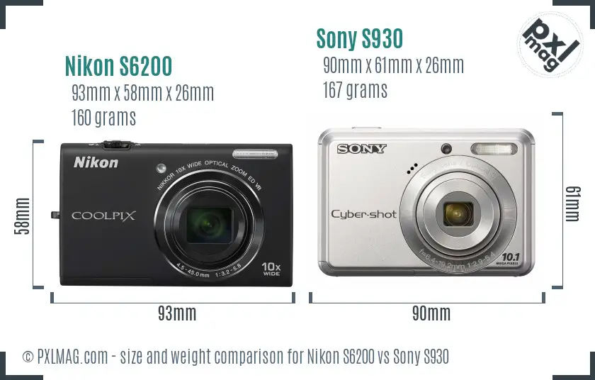 Nikon S6200 vs Sony S930 size comparison