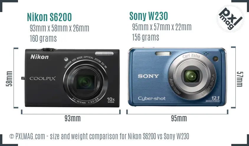 Nikon S6200 vs Sony W230 size comparison