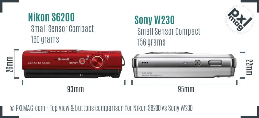 Nikon S6200 vs Sony W230 top view buttons comparison