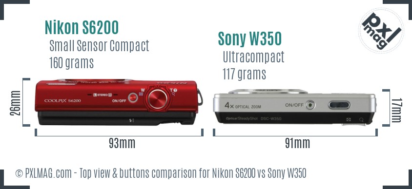 Nikon S6200 vs Sony W350 top view buttons comparison