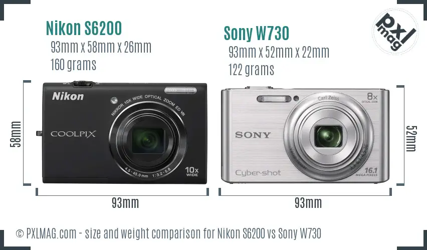 Nikon S6200 vs Sony W730 size comparison