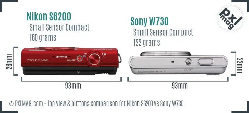 Nikon S6200 vs Sony W730 top view buttons comparison