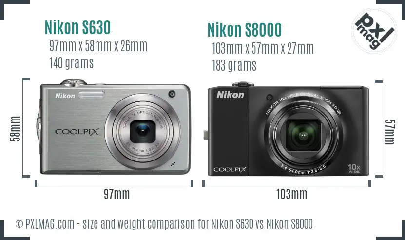 Nikon S630 vs Nikon S8000 size comparison