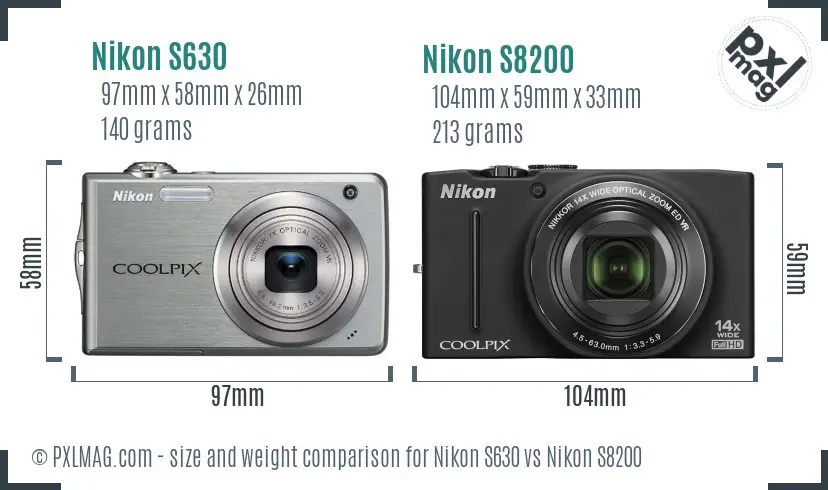 Nikon S630 vs Nikon S8200 size comparison
