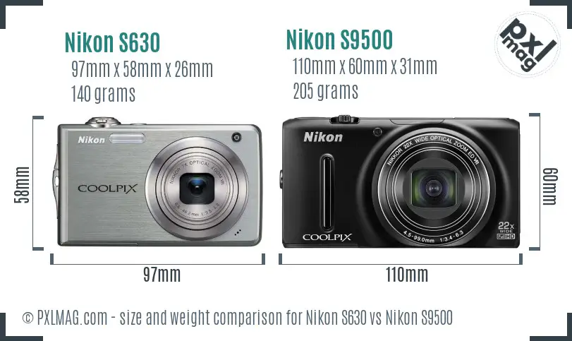 Nikon S630 vs Nikon S9500 size comparison