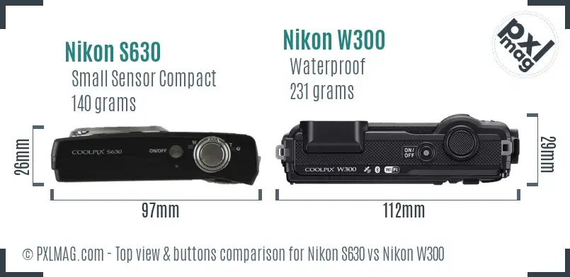 Nikon S630 vs Nikon W300 top view buttons comparison