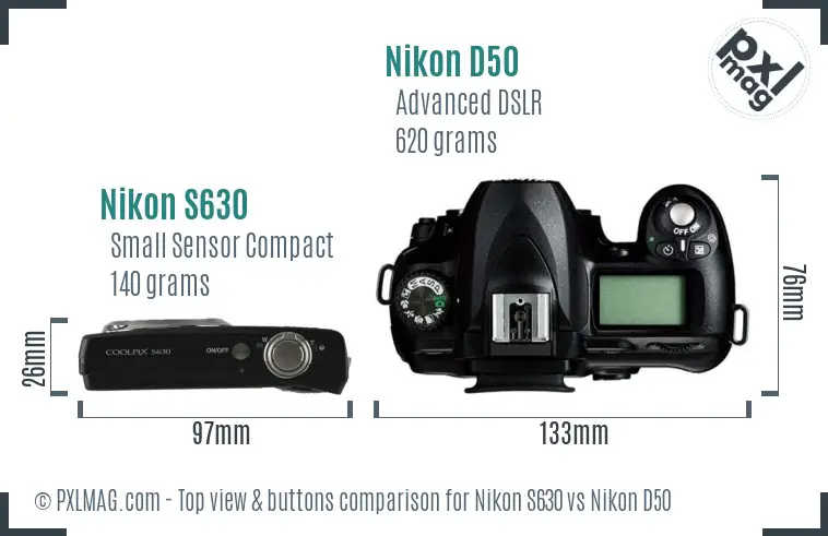 Nikon S630 vs Nikon D50 top view buttons comparison