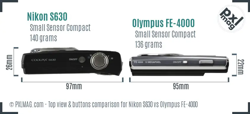 Nikon S630 vs Olympus FE-4000 top view buttons comparison