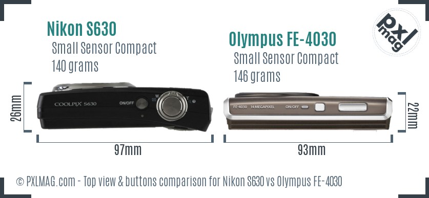 Nikon S630 vs Olympus FE-4030 top view buttons comparison