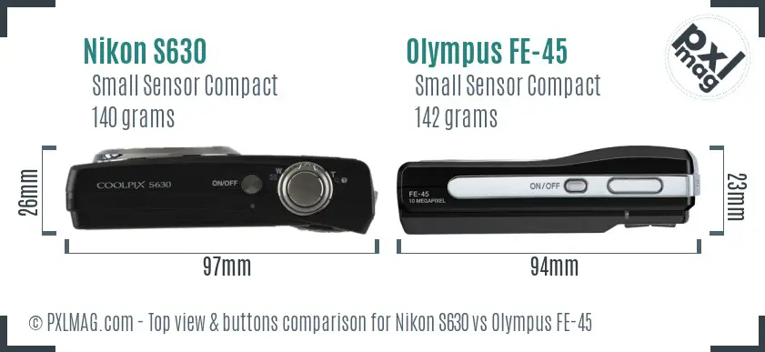 Nikon S630 vs Olympus FE-45 top view buttons comparison